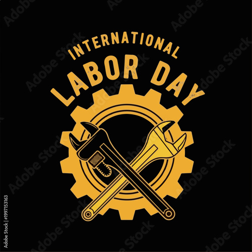 Labor Day International Workers Celebration with Wrench Tools and Gear Symbol