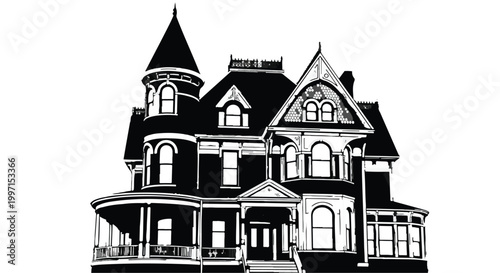 Large Victorian style mansion house with tower and porch in black and white illustration for luxury real estate or historical home concept