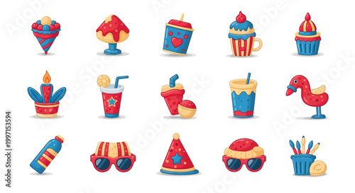 Colorful Fiesta Party Summer Vacation Icons.