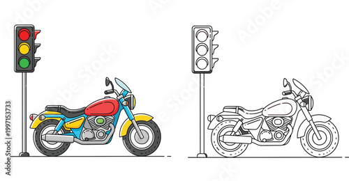 Vector illustration of a classic cruiser motorcycle waiting at a traffic light, featuring both a vibrant colored version and a black-and-white outline perfect for coloring books.