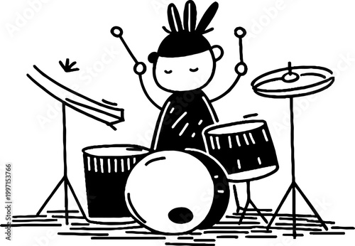 Drummer playing drum set on stage with cymbals and bass