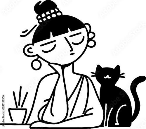 Seated woman with cat beside cup at table setting