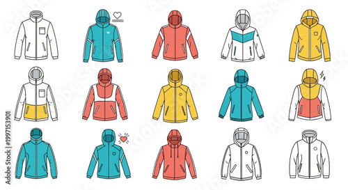 Colorful jackets with hoods displayed.