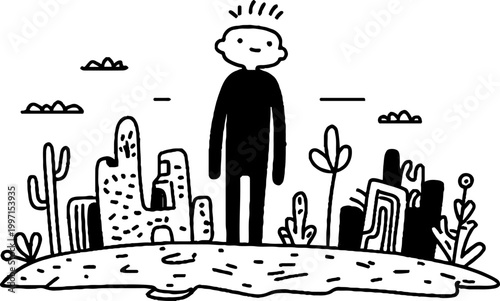 Person standing among cactus plants in desert landscape