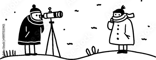 Two figures using telescope on snowy hillside monochrome sketch