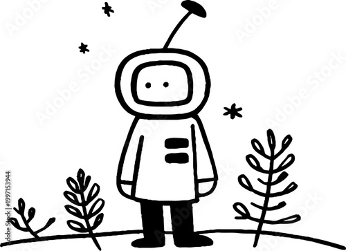 Robot standing among plants on simple ground surface