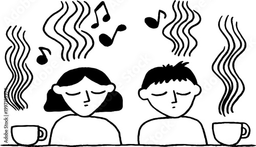Two people enjoying hot drinks with aroma and music