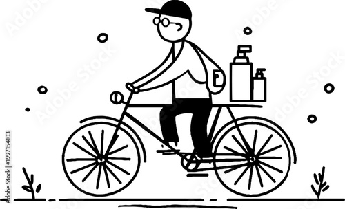 Cyclist carrying bottles on rear rack riding along path sketch