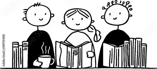 Three people reading books among stacks on table black white illustration