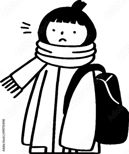 Young person wearing scarf carrying backpack outdoors in cold