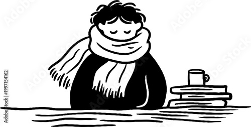 Person bundled in scarf seated at table with cup and books