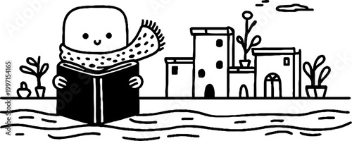 Cartoon character reading book by riverside town skyline