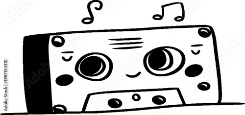 Cassette tape lying tilted with musical notes on white background