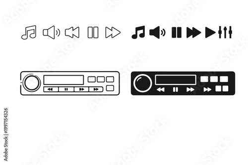 Car Radio Icon Set Featuring Audio Player Panels in Line and Solid Styles; Includes Media Control Buttons for Play, Pause, Skip, Volume, and Music Note; Vector Illustration for Dashboard UI Design.