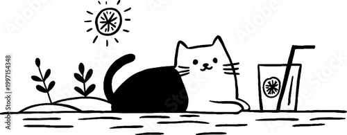 Cat reclining beside cold drink on sunny outdoor surface