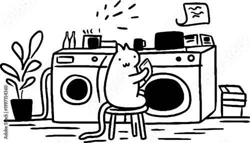 Cat sitting and operating washing machines in laundry room