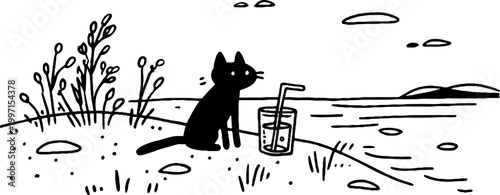Black cat sitting beside drink near shoreline and plants