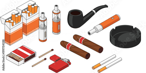 Illustration of Cigarettes, Cigars, Vape Devices, Lighters, and Smoking Accessories in Vector Style
