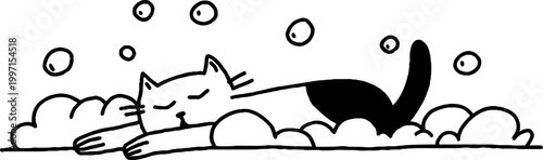 Cat stretching relaxed among bubbles on soft surface