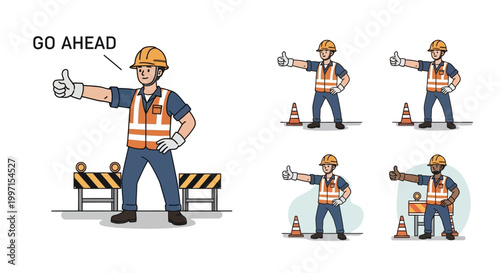 Construction worker directing traffic with hand.