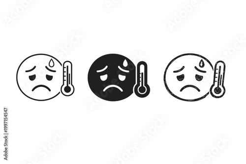 Set of three sad face emoji icons with thermometers representing fever, sickness, and illness in outline, solid, and hand-drawn styles; medical symbols for high body temperature and flu symptoms.