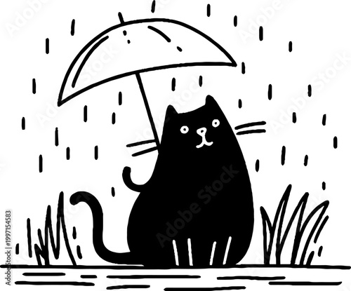 Black cat holding umbrella in heavy rain by grass and puddle