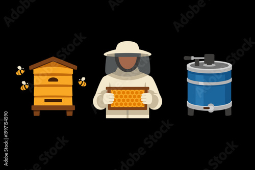 Flat Vector Illustration Set of Beekeeping Equipment Featuring a Wooden Beehive with Bees, a Beekeeper in Protective Suit Holding a Honeycomb Frame, and a Blue Honey Extractor on Black Background
