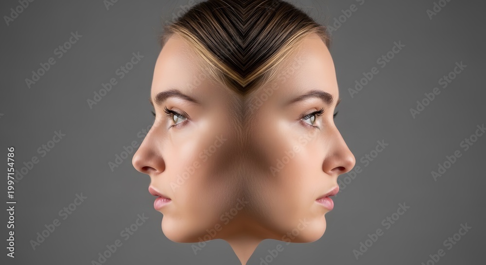 Naklejka premium Symmetrical profile of young woman with clean skin, mirrored female face in side view, conceptual beauty portrait for plastic surgery and skincare