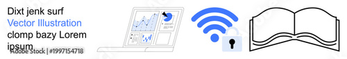 Data security, wireless technology, online learning, information sharing, digital communication, analytics. Laptop with graphs, wireless symbol with lock open book graphic. Data security