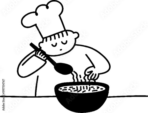Chef stirring mixture in large bowl on counter surface