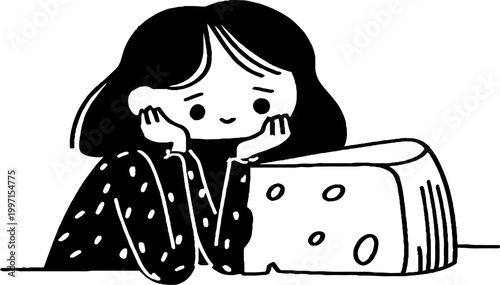 Young girl resting chin on hands beside cheese on table