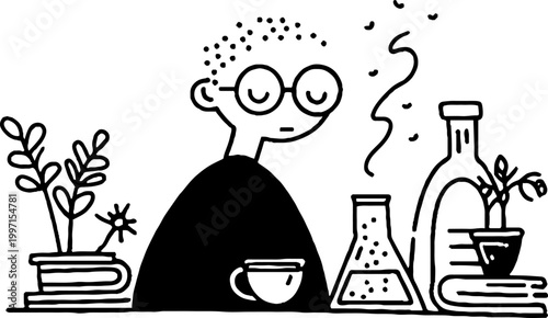 Researcher sipping cup among plants and glassware on table