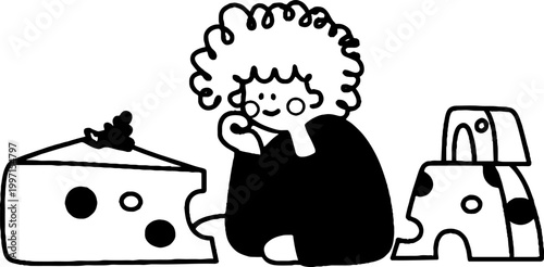 Child with curly hair sitting next to cheese wedges on floor