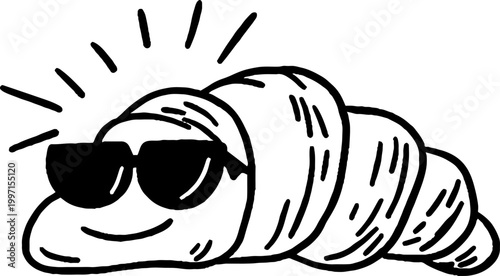 Smiling croissant wearing sunglasses with radiant lines on white