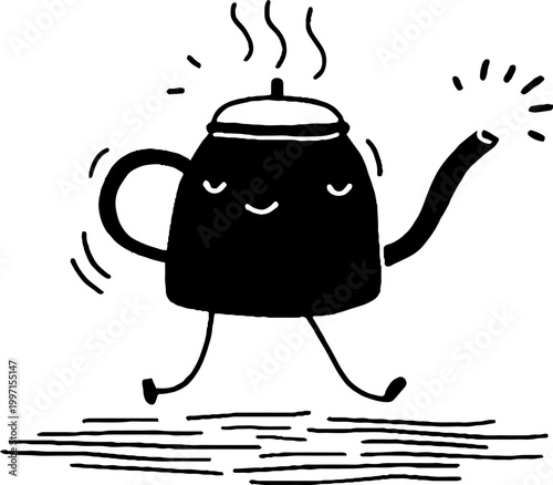 Kettle walking and steaming across tabletop in playful cartoon