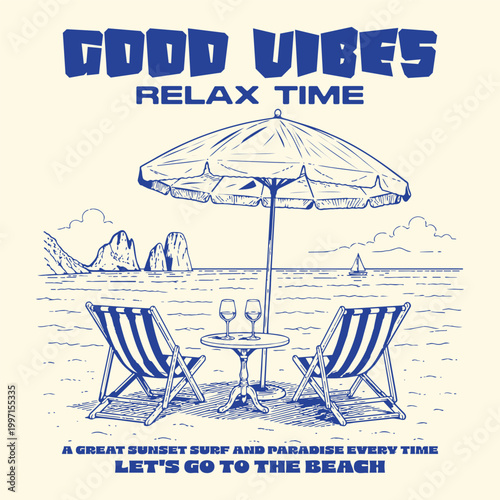 Vintage Summer Beach Scene Vector Illustration with Retro Stipple Effect, Relaxing Tropical Vacation Background with Sunshade and Chairs, Hand Drawn Coastal Paradise Design for T-Shirt and Poster.