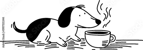 Dog sniffing hot cup on tabletop with simple lines