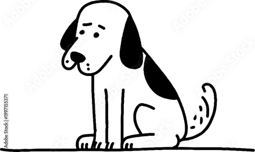 Cartoon dog sitting with droopy ears on ground line