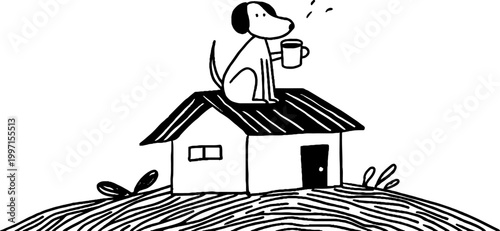 Dog sitting on roof of small house holding cup above hill