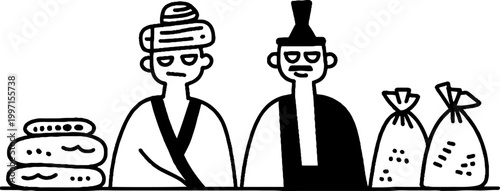 Two market vendors standing behind stall counter at market