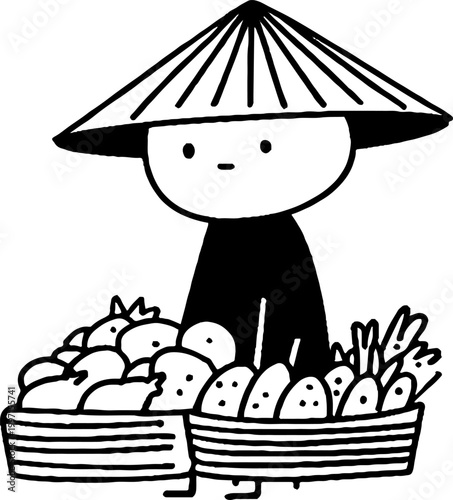 Market seller wearing conical hat beside baskets of produce