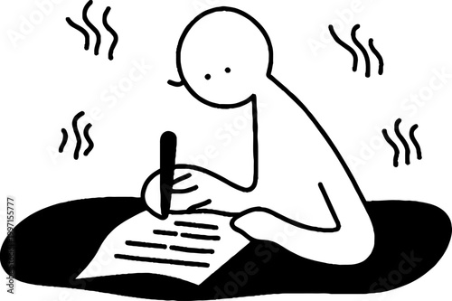 Person writing intensely while seated on floor with paper
