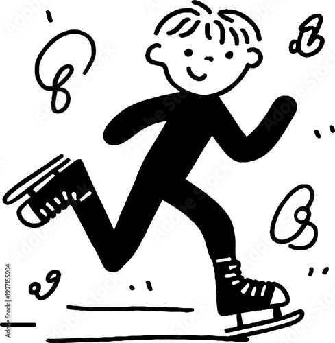 Boy ice skating in motion with scattered snowflakes outdoors