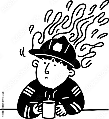 Firefighter holding steaming mug while helmet emits smoke at table