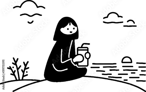 Woman sitting by shoreline drinking from juice carton at sunset