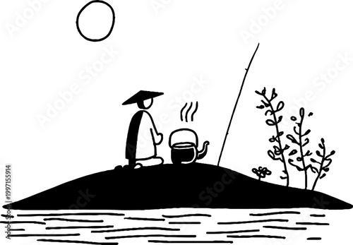 Person brewing tea near kettle on small riverside island