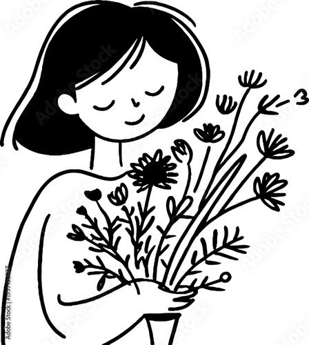 Woman holding bouquet and smelling flowers in calm pose