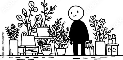Person standing among numerous potted plants in shop interior