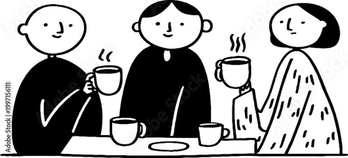 Three people sharing hot drinks while seated at table