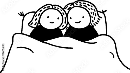 Two people cuddling under blanket in bed line illustration